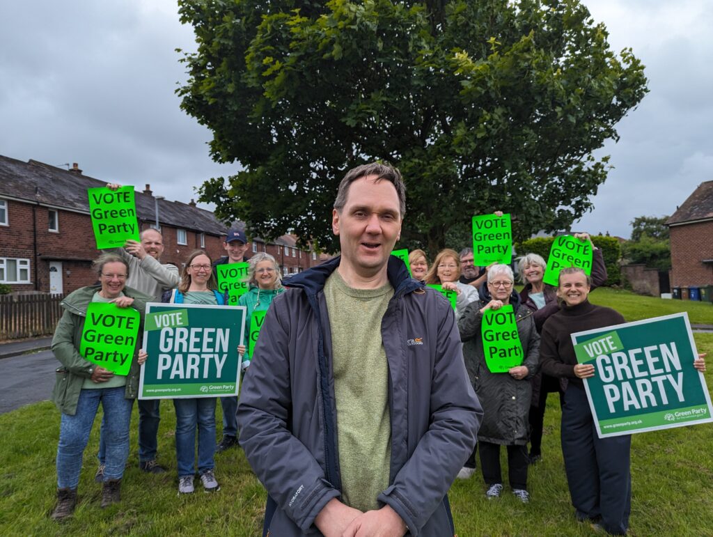 Mark Tebbutt in Chorley with Chorley Green Party members and volunteers 2024