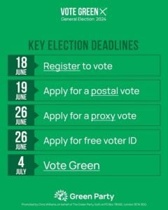 Infographic showing key dates for voters before the General Election 2024 including 18th June Register to Vote deadline