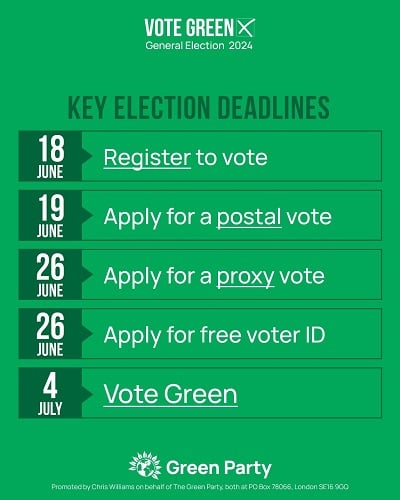 Infographic showing key dates for voters before the General Election 2024 including 18th June Register to Vote deadline